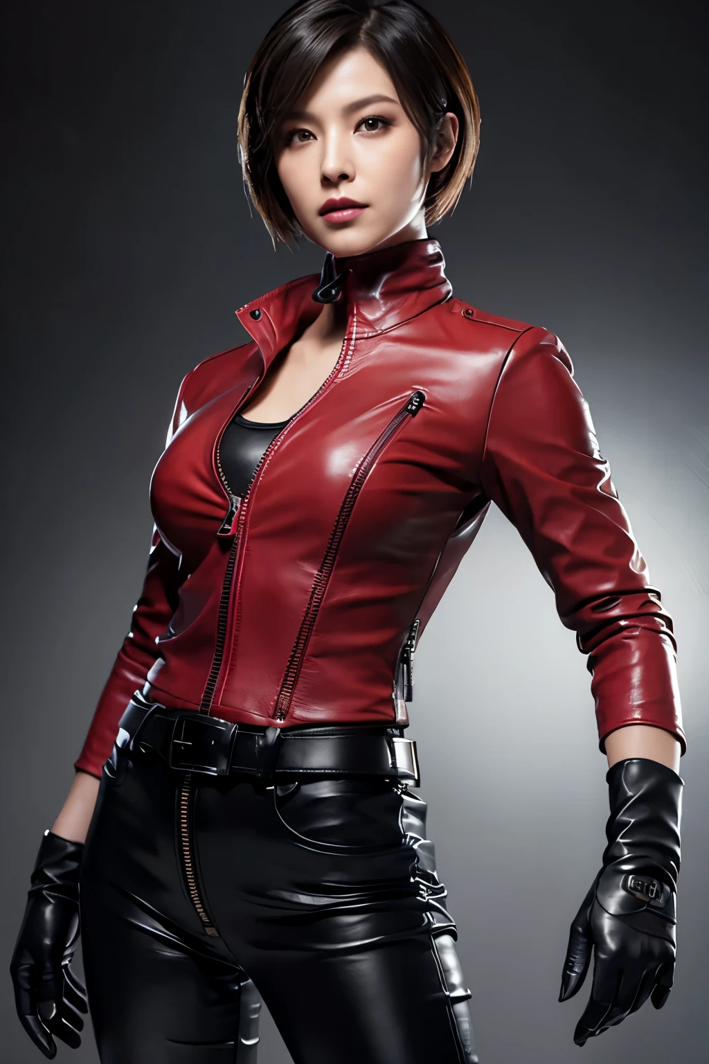 (Realism:1.4),Resident Evil 6,Ada,Short Hair,No background,look at me,A body that makes you want to touch it,foxy make up,The most beautiful stars,Stand up your collar,Black Leather Pants,Photorealistic,Ultra HD,high quality,masterpiece,Digital SLR,Detailed details,Intricate details,Anatomical basis,Depicted in detail,A detailed face,Realistic skin texture,Vivid details,Perfect Anatomy,Perfect Anatomy,Anatomically correct hand,Anatomically correct fingers,Super Detail,Complex 3D rendering,Picturesque,Pink Lips,fearless smile,she is Wearing ((long sleeve rider jacket(red leather))(((close the zipper tightly)))) and ((one waist belt)(Black leather)(metal buckle)) and ((Skinny long pants(Black leather))) and ((((gloves)))(black leather)),intelligent and beautiful star model,(chin is thin),Costume made of thick leather fabric,Japanese female new recruits (G cup breasts)(slender body shape)(Black leather gloves cover both hands) ,younger face,