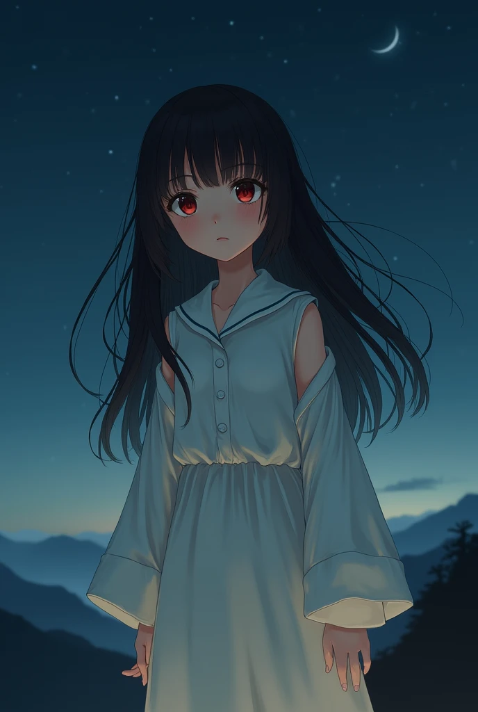 masterpiece,best quality,night,1girl, long hair, solo, rain, black hair, sitting, very long hair, dress, looking at viewer, reflection, cityscape, night, window, brown eyes, bangs, indoors, bare shoulders, hand between legs, white dress, between legs, building, skyscraper, city, off-shoulder dress, back light, wariza, blush, closed mouth,