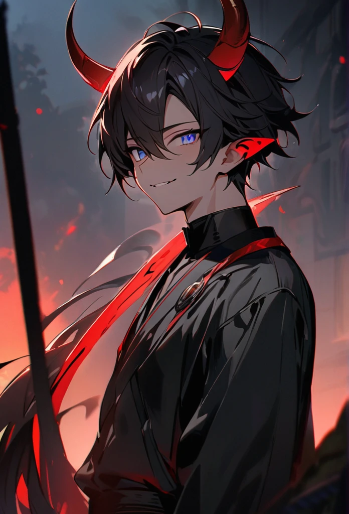 (absurdres, highres, ultra detailed, HDR), master piece, best quality, delicate features, Flamebringer, Arknights, black short hair, hair between the eyes, expressive orange eyes, pointy ears, black horns, solo, man, handsome, toned chest, black leather pants, black collar, red moon, red butterflies, red flames