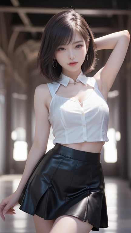 Black skirt, White cutter shirt　suspenders, Brown hair Gray eyes, Garter belt on the legs, Tight clothes, 　　 a belt　Armpit sweat　　deadpan　large full breasts　short-cut