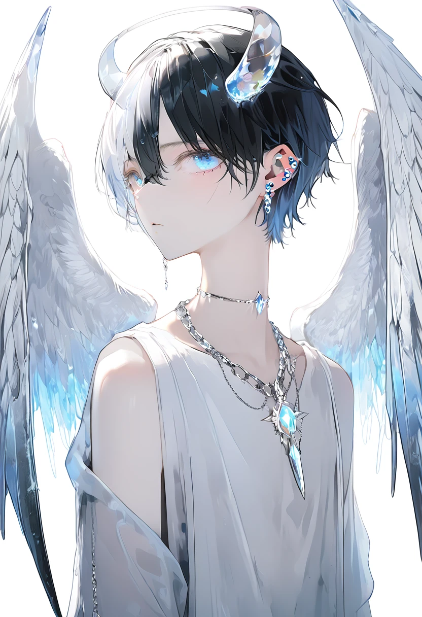 blue eyes, 1boy, black and white short hair, white crystal horns, narrow tail, full body, male focus, multicolored hair, white angel wings, plain white background, chains, colored skin, fangs, claws, sharp fingernails, monster boy, colored tongue, cursed pattern, expressionless