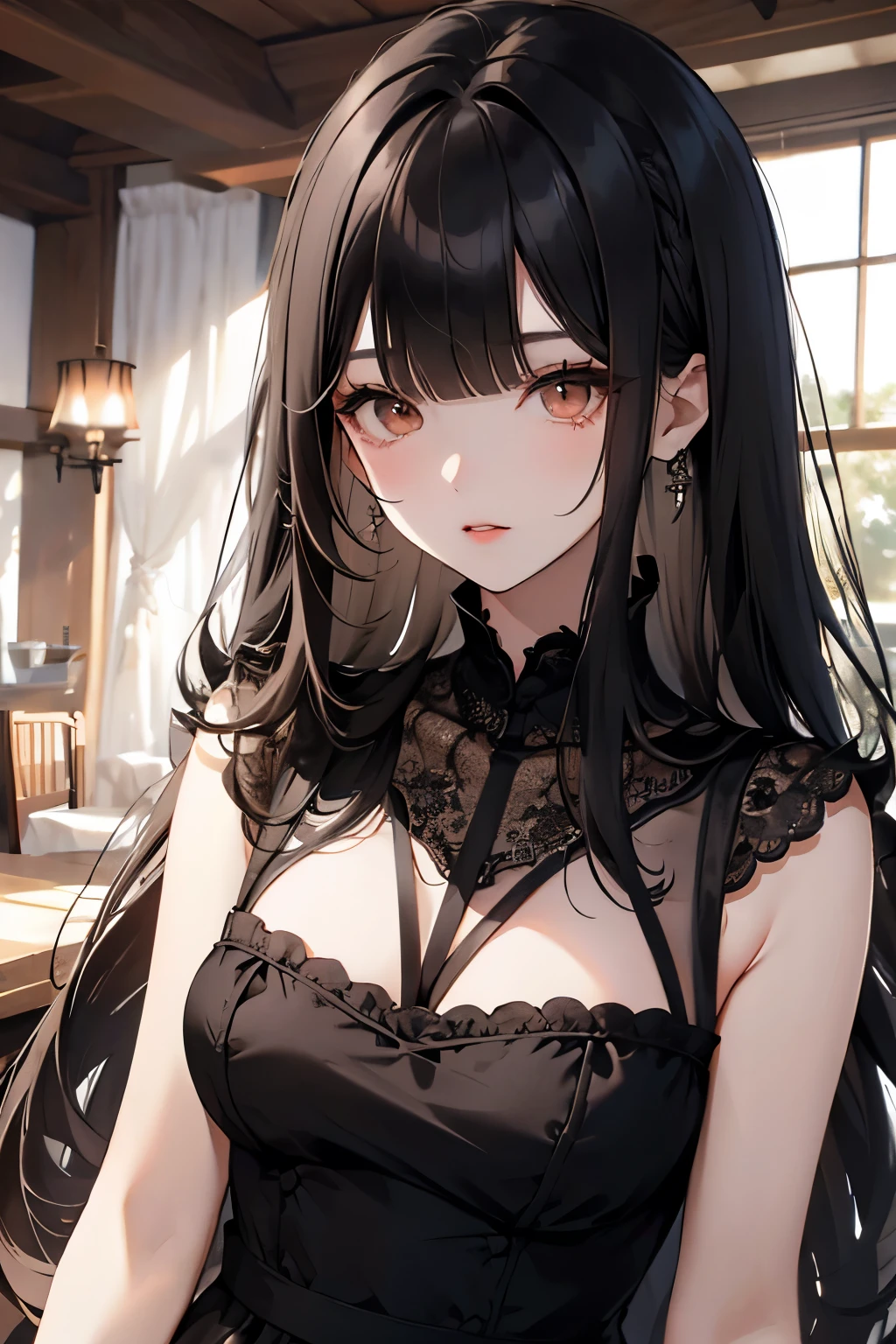 Anime, 1girl, 21 years old, black hair, heterochromia eyes, smile, in awe, long hair, night, indoor, staring forward, bangs, upper body, proportional, black dress casual style, hair ornament, flower ornament, in a room, Decorative painting