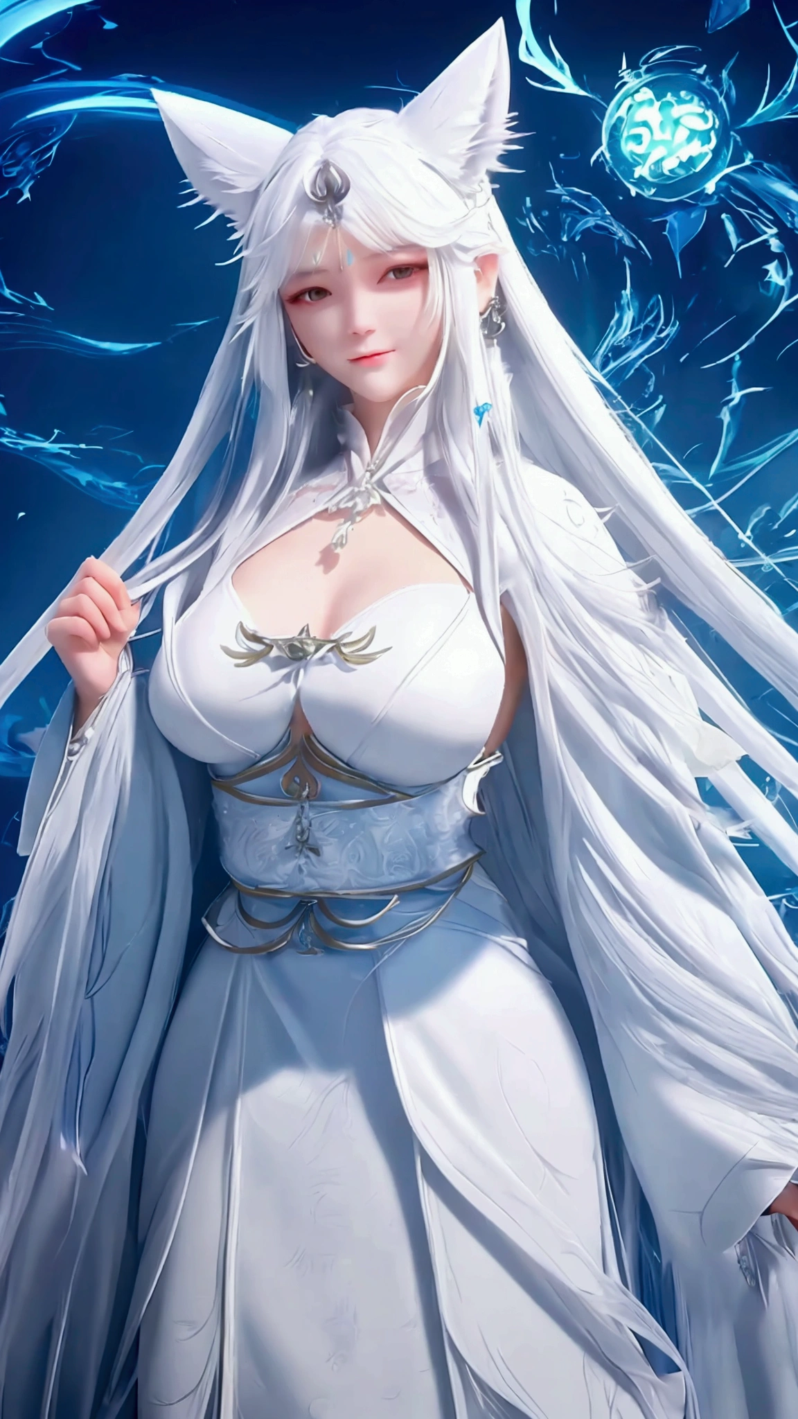 snowfield,a japanese woman,White long hair shawl,mechanical headgear,mechanical earrings,necklace jewelry,Furry wolf ears,Large Breasts,Beautiful figure,Wearing a white mechanical suit,Wearing a white cloak,Holding a long battle ax,Follow the big white wolf