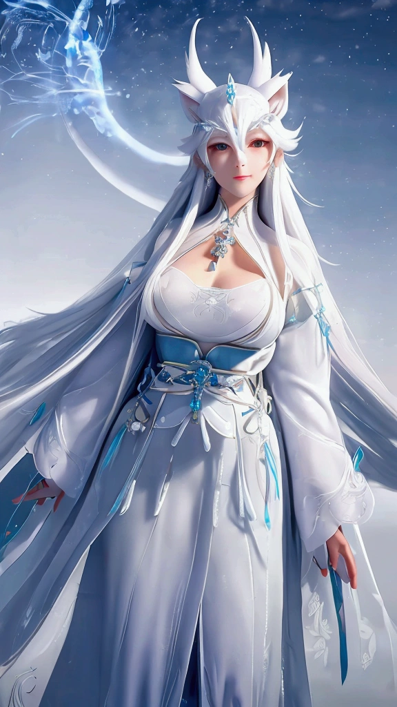 snowfield,a japanese woman,White long hair shawl,mechanical headgear,mechanical earrings,necklace jewelry,Furry wolf ears,Large Breasts,Beautiful figure,Wearing a white mechanical suit,Wearing a white cloak,Holding a long battle ax,Follow the big white wolf