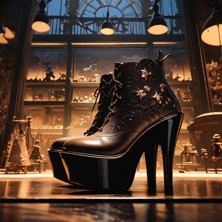 a silhouette art of a shoe shop at midnight, tiny people making a giant high-heel shoe, detailed intricate shop interior with lamps, needles and threads, hammers, beautiful high-heel shoe decorated with gems, (best quality,4k,8k,highres,masterpiece:1.2),ultra-detailed,(silhouette art),highly detailed, cinematic lighting, warm colors, magical realism, 3D rendering