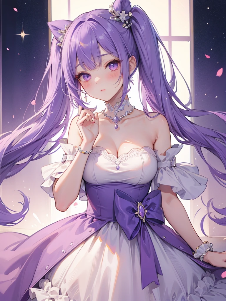 réaliste, 1fille, cheveux blancs, yeux violets, yeux brillants,maillot de bain moullant, lèvres entrouvertes, rougir, nuit, fleurs, soleil, soleillight,