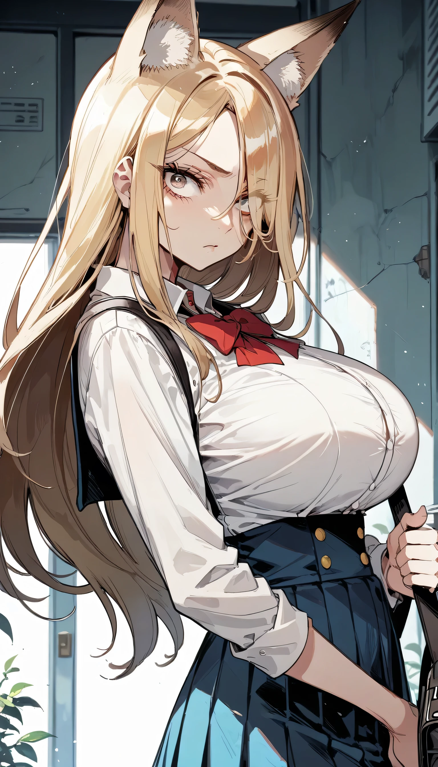 Cold Stare,(Fox Ears),(forehead,long hair over one eye),((side parted hair)),((huge breasts)),((Narrow eyes,Clear Eyes,Perfect Eyes)),Blonde,Long Hair,Old room,Magic School Uniform,Delinquent Girl,gal,mini skirt, clothes are exposed,from behind,back view,Carry a bag on one's shoulder