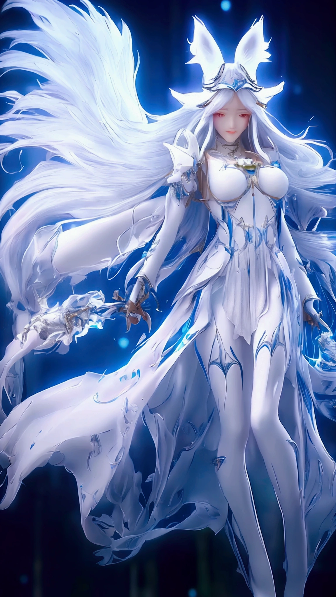 snowfield,a japanese woman,White long hair shawl,mechanical headgear,mechanical earrings,necklace jewelry,Furry wolf ears,Large Breasts,Beautiful figure,Wearing a white mechanical suit,Wearing a white cloak,Holding a long battle ax,Follow the big white wolf