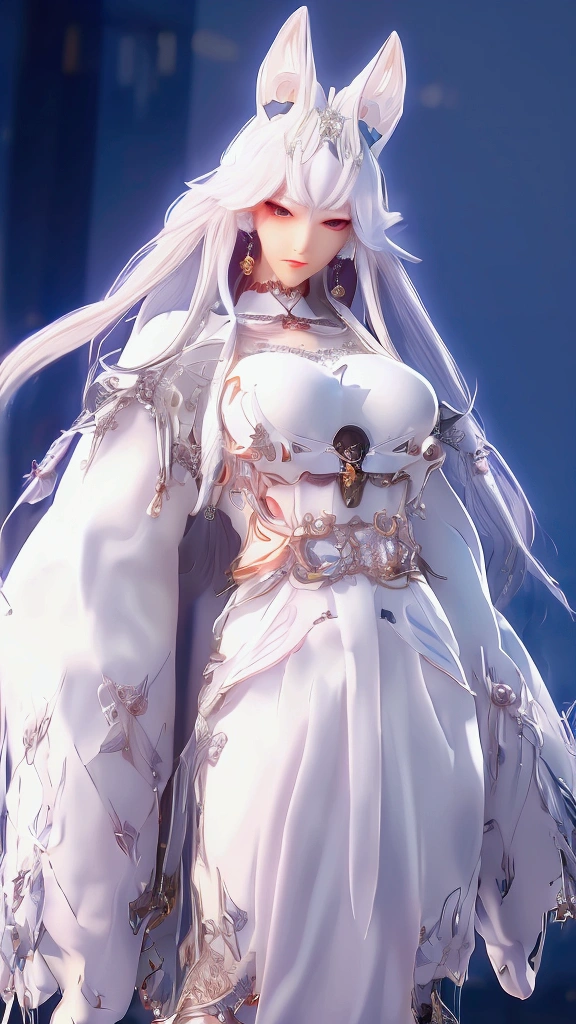 snowfield,a japanese woman,White long hair shawl,mechanical headgear,mechanical earrings,necklace jewelry,Furry wolf ears,Large Breasts,Beautiful figure,Wearing a white mechanical suit,Wearing a white cloak,Holding a long battle ax,Follow the big white wolf