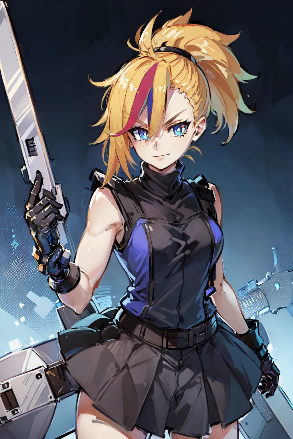 (masterpiece, best quality:1.2), Blue  glowing eyes, perfect face, highres, 1 girl, solo, ultra long ponytail, (female:1.5), strife, blonde hair, shoulder armor, sleeveless turtleneck, suspenders, belt, gloves, bracer, evil smile, standing, portrait, looking at viewer, giant sword on the back