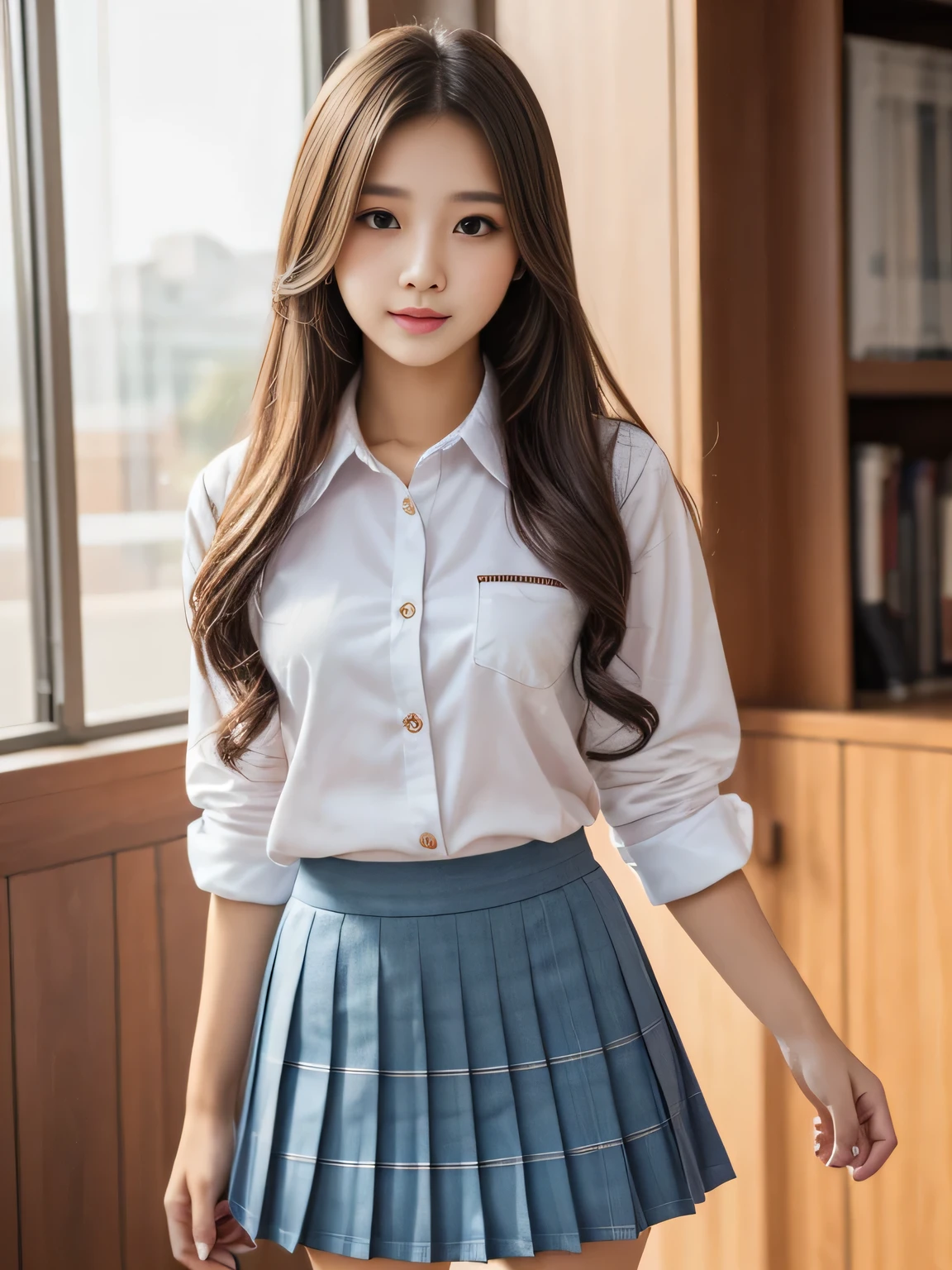(8K、Raw photography、top-quality、​masterpiece:1.2)、(​masterpiece,top-quality,超A high resolution),A Japanese Lady, Kawaii Girl、beautifull detailed face,View photographer､,extremely detailed eye and face, Sharp pupils, Natural makeup,slick hair, Professional Lighting,Happy smile、lipgloss、(((Very cute  girl)))、(((Everyday clothes、a miniskirt))),‎Classroom、desk work,a chair