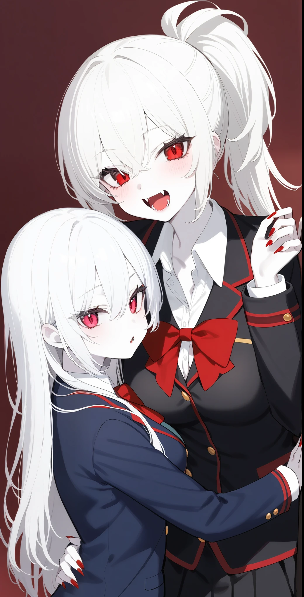 2 Girls、Cute hairstyle、Red eyes、Fangs growing、vampire、high school student、Pure white pale skin、Pure white hair、Wearing a blazer、uniform、Height 150〜Over 170 cm、vampire学校の生徒、Red nails、Slightly sharp nails、Slightly larger breasts、