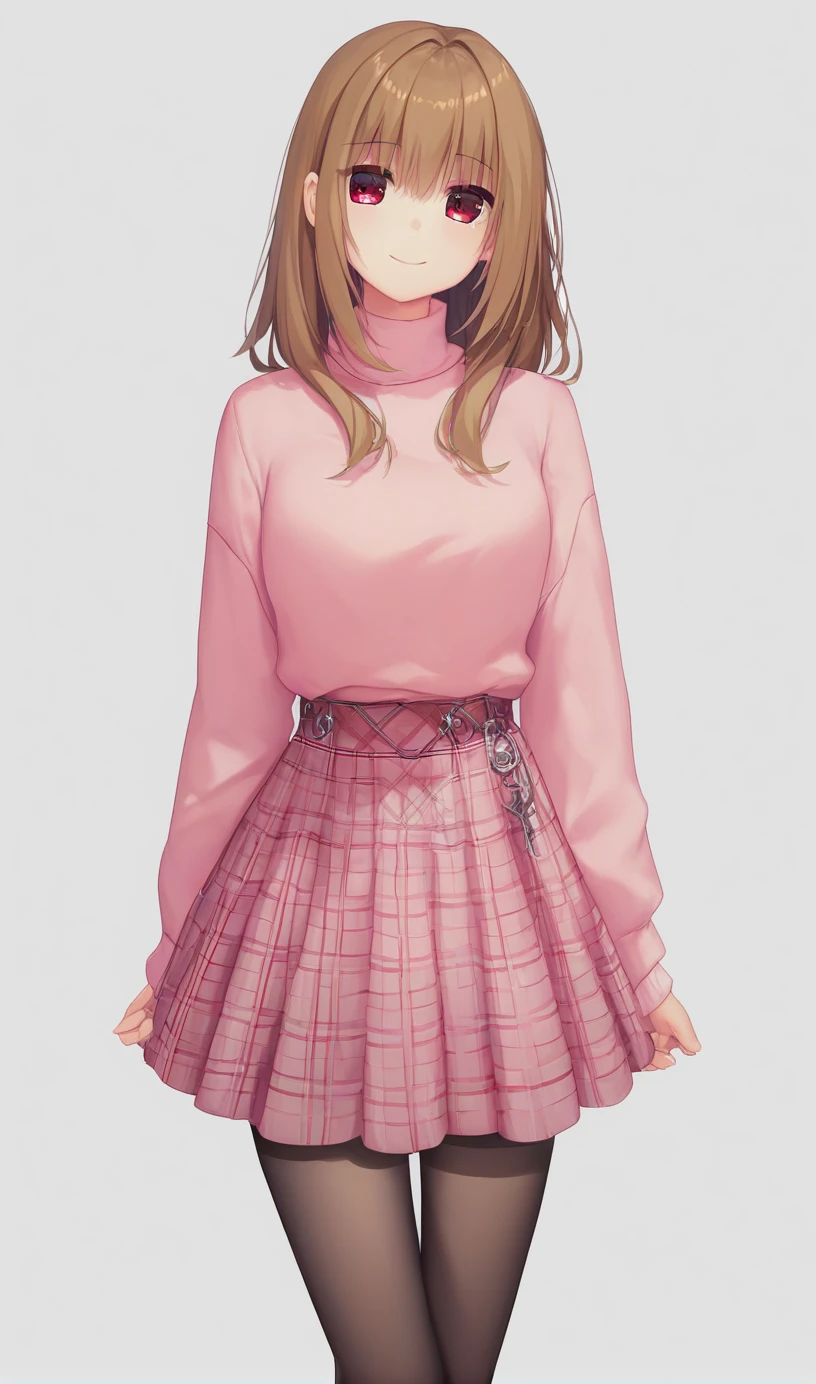 1girl,hiyori-default,Alone,(long_bob_hair:1.4),the middle_long_hair,smiling,red_eyes,Mesh knit, (pink knit:1.35), miniskirt, (plaid skirt:1.3), stockings, pantyhose, full_body,Bedroom,expensive_solve, clear_image, expensive_Contrast, 8k, Sparkling, beautiful_detailed_face_and_eye, (brown hair:1.25), white eye,One person, whole body