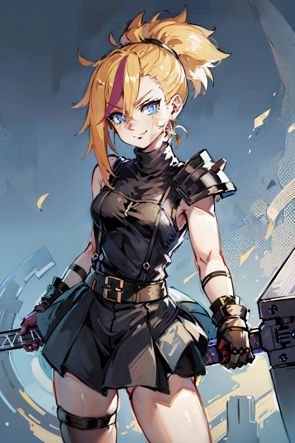 (masterpiece, best quality:1.2), Blue  glowing eyes, perfect face, highres, 1 girl, solo, ultra long ponytail, (female:1.5), strife, blonde hair, shoulder armor, sleeveless turtleneck, suspenders, belt, gloves, bracer, evil smile, standing, portrait, looking at viewer, giant sword on the back