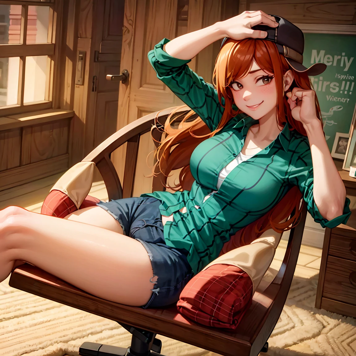 A Wendy Corduroy, wearing a large checkered shirt that hits my thighs and short shorts , beautiful smile and sexy look,she is looking at the viewer, whole body visible,she is sitting in a chair with her arms up.an14.