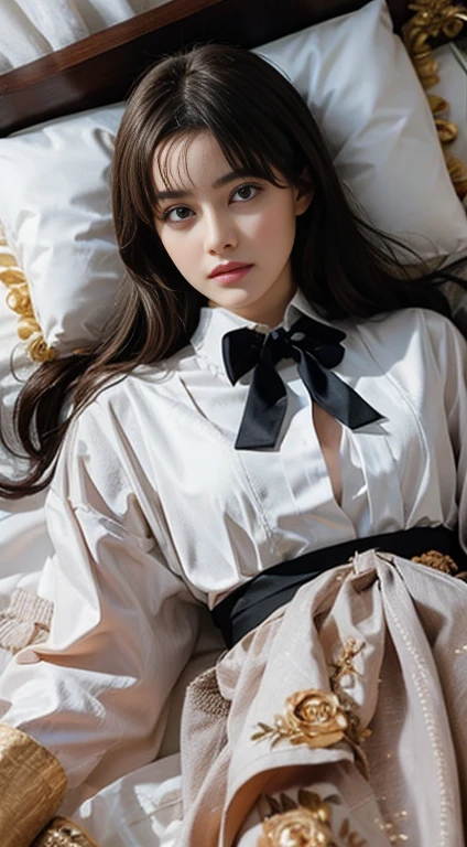 (One Girl:1.3), Cinematic Light,  (masterpiece, Best Quality, Best Quality,  beautifully、aesthetic:1.3), Very detailed,Best details,(Very detailed),, 
【From the above】,(( Lying in bed)), 
Alone, chest, Silky long hair, (Brown Hair), Roses were scattered in the flowerbed.,
((suit)), ((shirt)), 開いたchest,