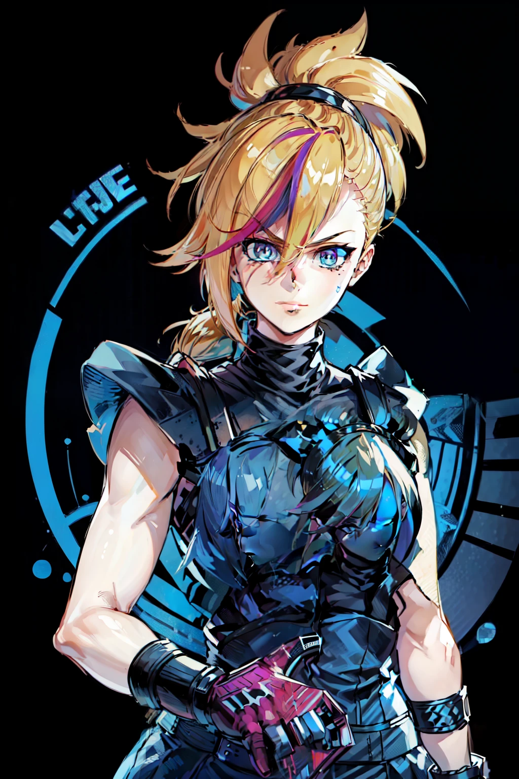 (masterpiece, best quality:1.2), Blue  glowing eyes, perfect face, highres, 1 girl, solo, ultra long ponytail, (female:1.5), strife, blonde hair, shoulder armor, sleeveless turtleneck, suspenders, belt, gloves, bracer, evil smile, standing, portrait, looking at viewer, giant sword on the back