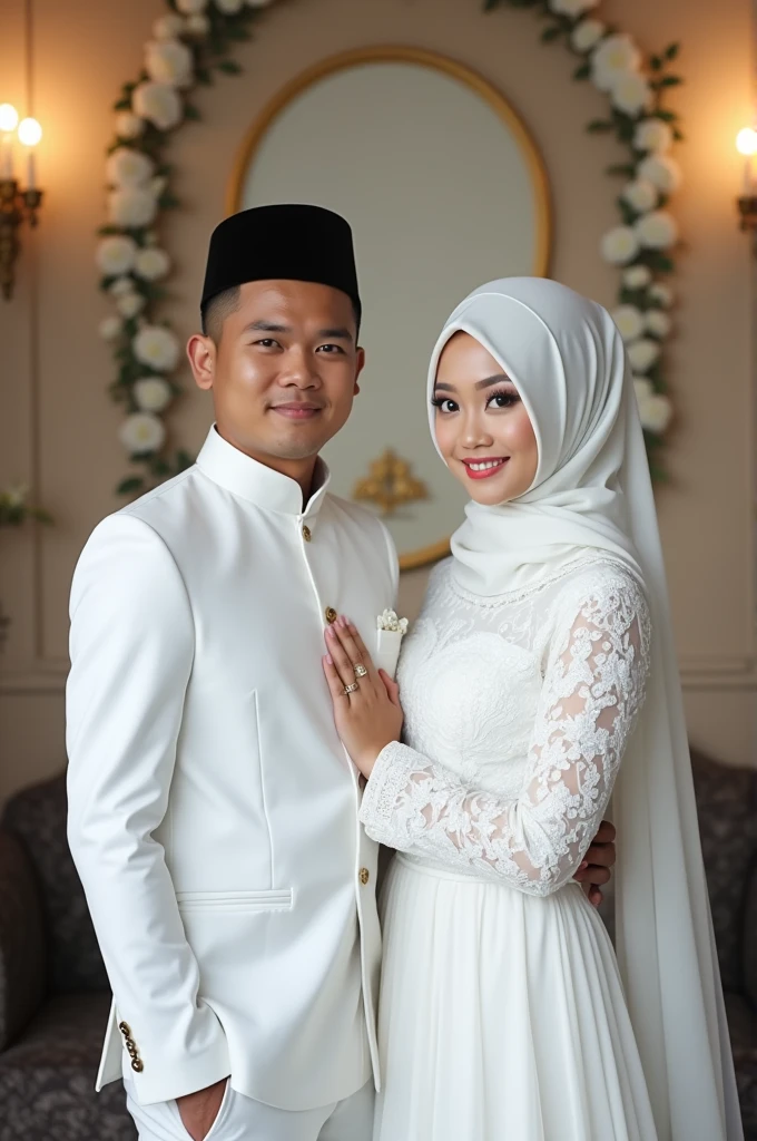 celebrate the wedding anniversary (a handsome man wears a white wedding dress and wears a Malay shirt with a top on his head and wears sampin to be a king for a day) (a beautiful woman wears a white wedding dress, a white veil with a pearl crown on her head) the background looks like beauty nature