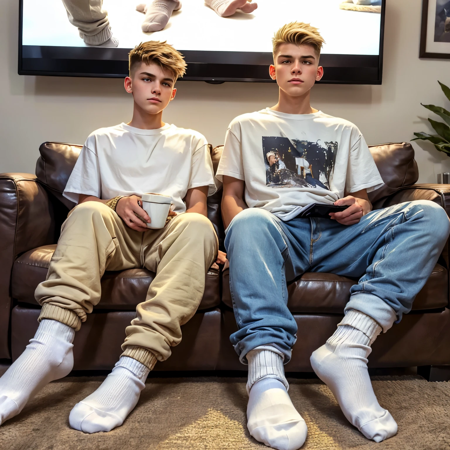 Two teenage white european boys with fashion undercut haircuts, wearing large t-shirts, large baggy jeans, white filthy socks, no shoes, sitting on a couch in their socks, watching TV, with their very detailed foot soles resting on the coffee table