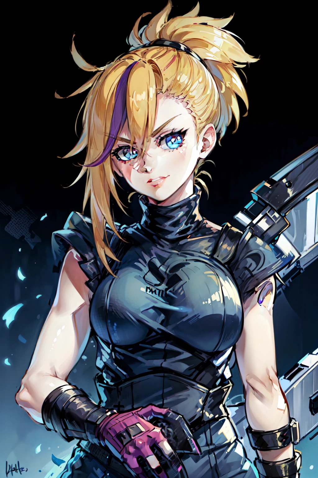 (masterpiece, best quality:1.2), Blue  glowing eyes, perfect face, highres, 1 girl, solo, ultra long ponytail, (female:1.5), strife, blonde hair, shoulder armor, sleeveless turtleneck, suspenders, belt, gloves, bracer, evil smile, standing, portrait, looking at viewer, giant sword on the back