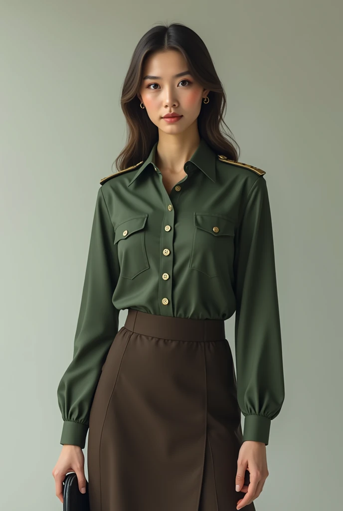 8K, best quality, Extremely detailed:1.37), high resolution,High-resolution details,A beautiful 18 year old Korean girl, Delicate face,Smiling gently at the camera,Wearing the uniform with pride, Representing her role as a soldier. She was wearing a fitted olive green dress. high resolution图像捕捉超精细的真实感,s determined expression, Sharp eyes, and a confident attitude. The background shows a tent military base, Adds authenticity and meaning to the image. This visually striking representation showcases 艾莉安娜's strength and dedication as a soldier.