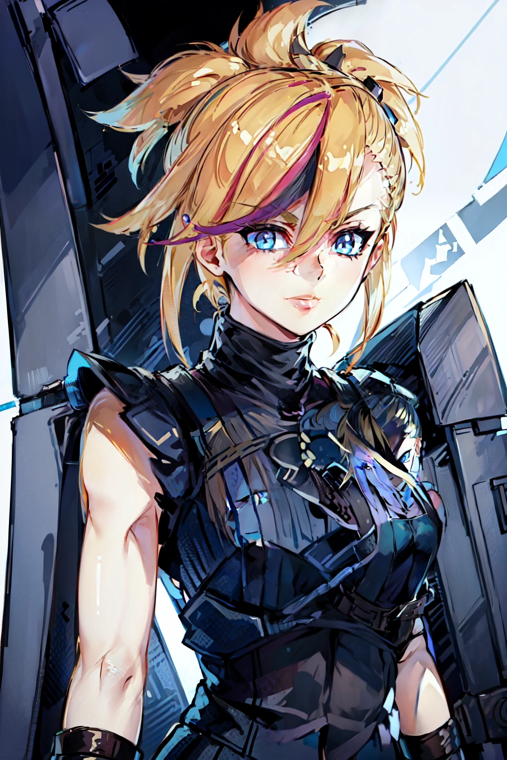 (masterpiece, best quality:1.2), Blue  glowing eyes, perfect face, highres, 1 girl, solo, ultra long ponytail, (female:1.5), strife, blonde hair, shoulder armor, sleeveless turtleneck, suspenders, belt, gloves, bracer, evil smile, standing, portrait, looking at viewer, giant sword on the back