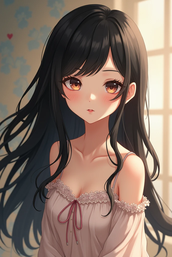 Highest quality、Realistic、girl、12 years old、zoom、Orange eyes、Black Hair、White dress、slender、Small breasts、Inappropriate smile、Bedroom、Bust Shot、