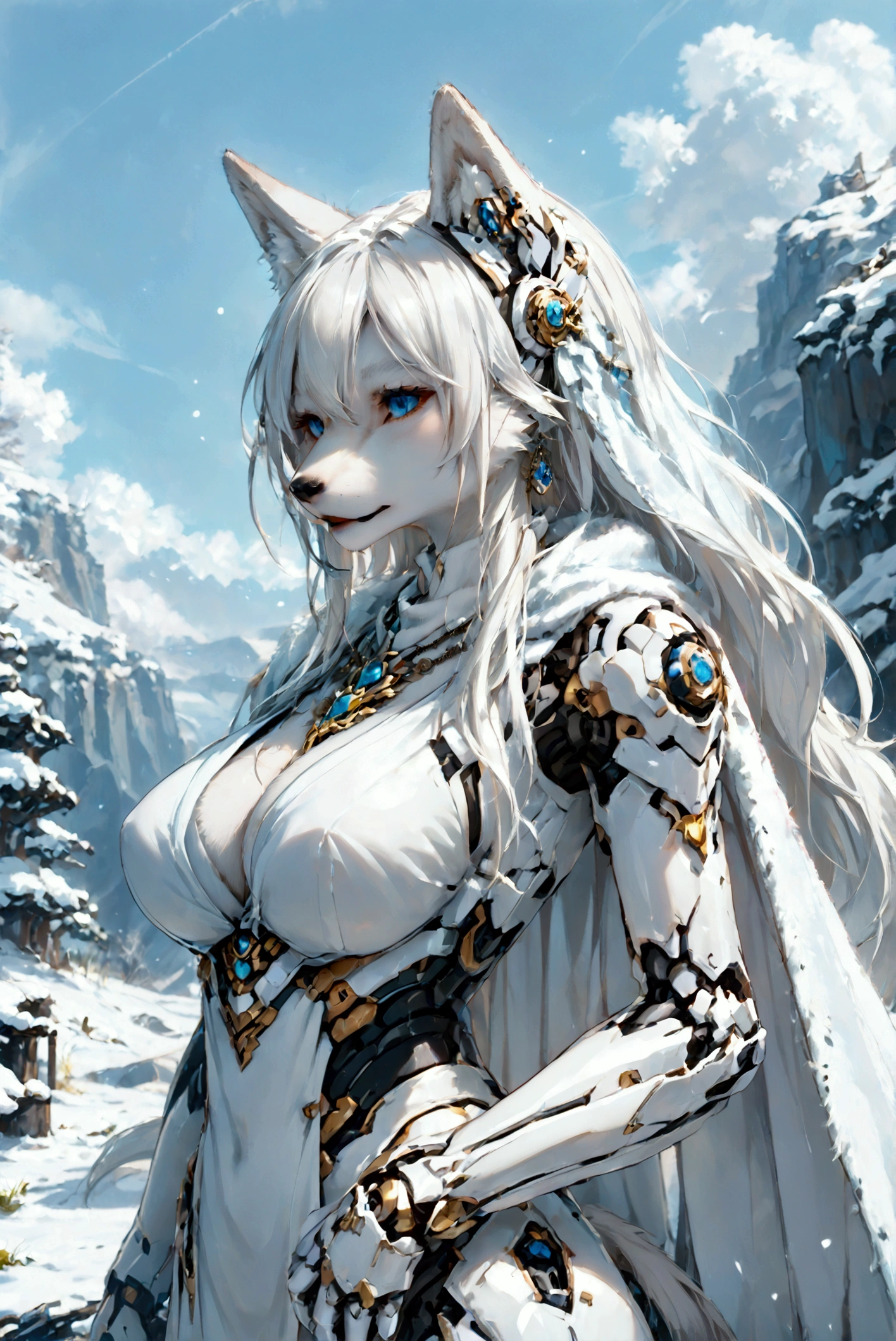 snowfield,a japanese woman,White long hair shawl,mechanical headgear,mechanical earrings,necklace jewelry,Furry wolf ears,Large Breasts,Beautiful figure,Wearing a white mechanical suit,Wearing a white cloak,Holding a long battle ax,Follow the big white wolf