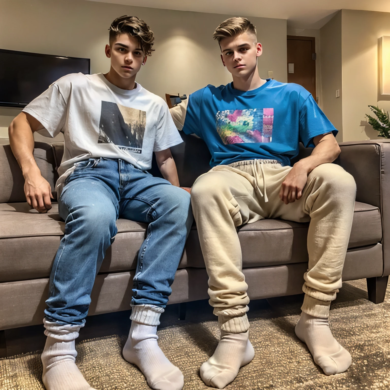 Two teenage white european boys with fashion undercut haircuts, wearing large t-shirts, large baggy jeans, white filthy socks, no shoes, sitting on a couch in their socks, watching TV, with their very detailed foot soles resting on the coffee table