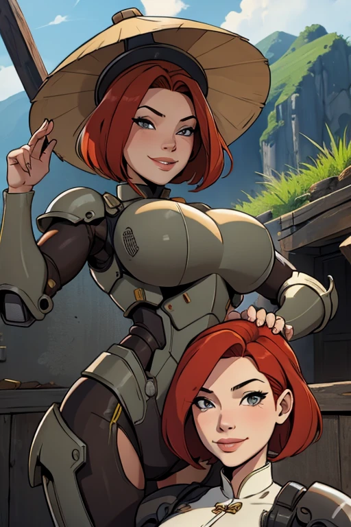 redhead, bob haircut, vietnamese hat, Big Breasts, smile, power armor