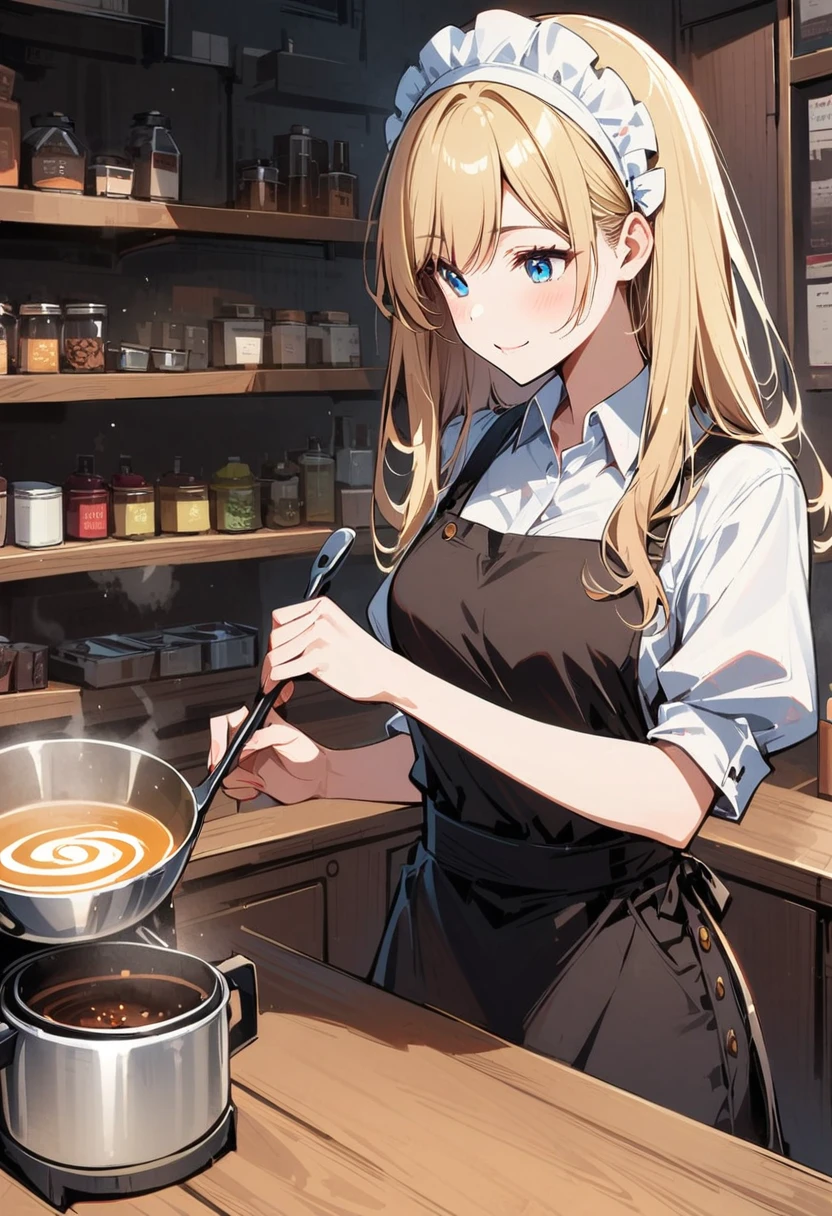 High resolution, 8K Ultra HD, ((best quality)), ((masterpiece)), Chinese restaurant kitchen. A cook is holding a small wok in one hand and shaking it. Fried rice is floating in the air in a small wok. A huge flame is coming out of the stove. The cook is sweating.