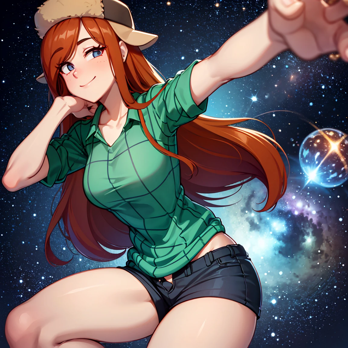 A Wendy Corduroy, wearing a large, thigh-length plaid shirt and short shorts,she is looking at the viewer, whole body visible,She is floating in space with several cosmos and galaxies behind her.an14.