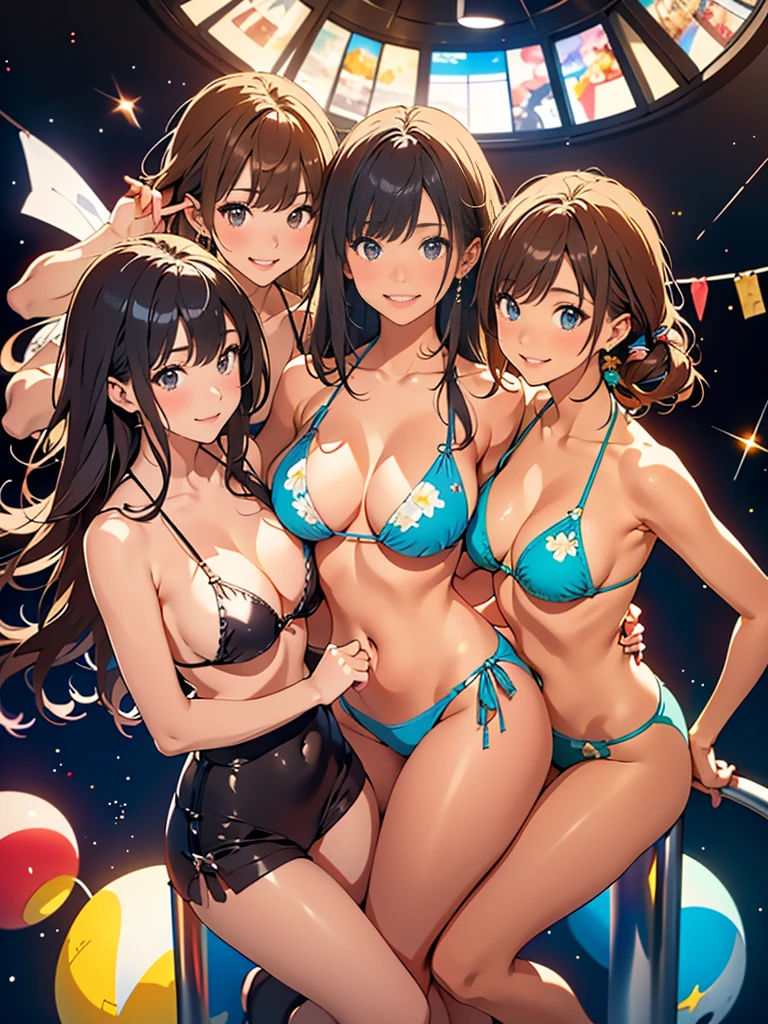 ((masterpiece)),(((Highest quality))),
Sexy outfitsFive girls intertwinedFacing forward。
Tiny Bikini、Micro Bikini、Sexy Bikini、
Five girls intertwined Idol、
Five girls intertwined Thin thighs,Long intertwined fivesome girls legs,whole body:1.5，
(Five girls entangled:1.3),
Five girls intertwined in pop pattern pantyhose and thick pointy heels：1.3),
Five girls intertwined Cute white casual summer outfit dress:1.2),
Intertwining fivesome girls short blonde:1.2、
Five girls intertwined Model Pose，

Flowerpunk space background glitter effect, Lens flare, fluorescence, 
Space Battleship Background, dazzling summer sunlight