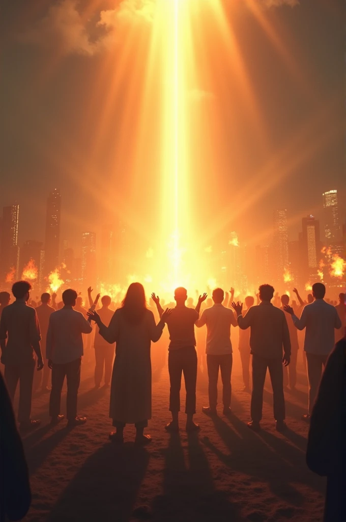 a globe with many people in black raising their hand up to god in it and a black high barrier surrounded them and a heavenly cloud with cross giving them light
