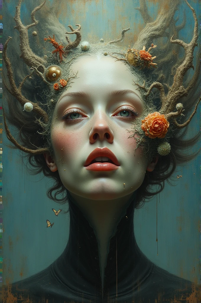 biomechanical style illustration beautiful woman, colorful melting human head. acrylic bubbles and flowers, ferrofluids, water distortions. looking up, intricate abstract. intricate artwork. beeple. blend of organic and mechanical elements, futuristic, cybernetic, detailed, intricate, dark theme, (in awe:1.2), confident, (surprised:0.7), natural skin, style of Stan Manoukian, physically based unbiased rendering, natural lighting, soft shadows, extremely high-resolution details, photographic, realism pushed to extreme, fine texture, 4k, ultra-detailed, high quality, high contrast