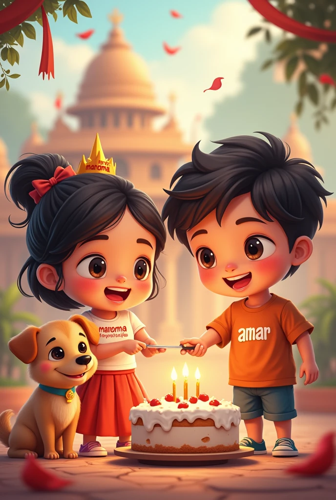 Make such a photo of a young boy whose name is written on his t-shirt as Ashu Yadav and with him sitting Krishna ji and cutting cake from his hand and both of them are sitting on a swing.