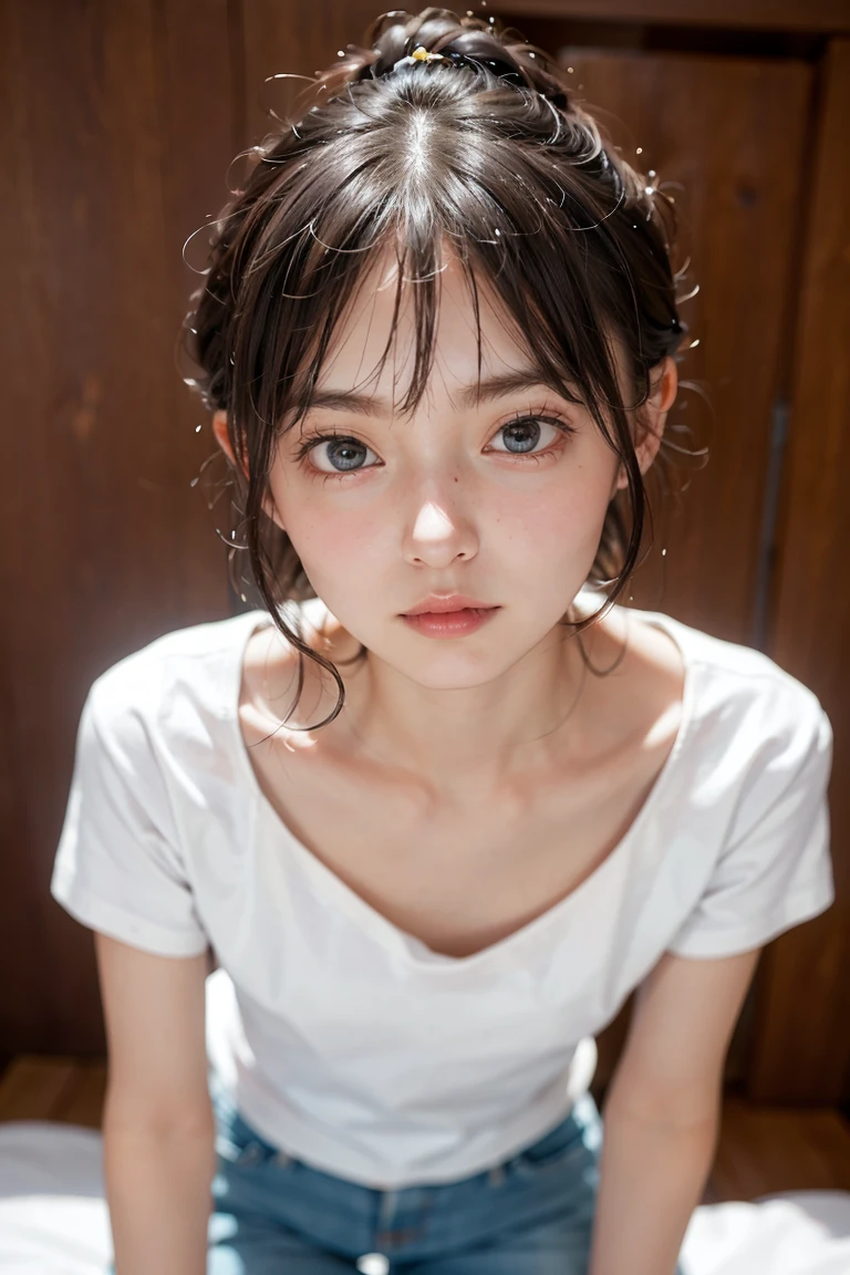 ((Lower body naked、bottomless))、Black Hair、20 years old、(Best Quality), 4K, High resolution, masterpiece)、 (, slim:1.8, Pale skin:1.6), (small 顔:1.8, No makeup:1.8), Beautiful and detailed eyes(Symmetrical eyes, Big round eyes:1.8, Shining Eyes:1.6, Delicate eyebrows, Delicate eyelashes, Sagging under the eyes:1.2), 超slimなモデル体型、Chignon、Wearing only a t-shirt、nsfw、downblouse loose t-shirt leaning forward