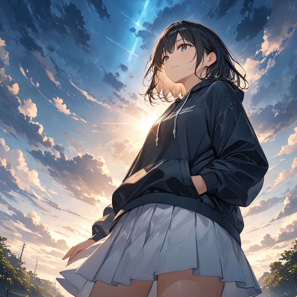 anime、((Amazingly absurd)),(masterpiece:1.2),超High resolution, Attention to detail, high quality, High resolution, 最high quality, 4K, 8k、One Woman、Look up at the sky、A woman with one hand raised towards the sky、Dark sky with thick clouds、Sunshine shining through dark clouds after heavy rain、Hope is the theme、Composition looking up from below、Medium Hair、Black Hair、hoodie、White Skirt、Cowboy shot from below