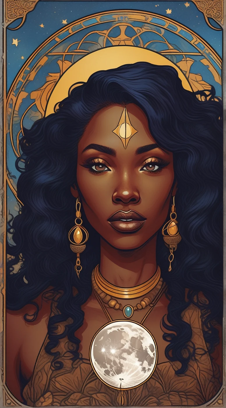 in the style of Art Nouveau, beautiful, trending in artstation, fantasy, warm colors, symmetrical, detailed, 4k, high resolution, best quality, hyperrealistic, black african woman, long hair, big wide set eyes, arms, legs, feet, crystal blue, sea green, red, intense stare, whole body, sexy body