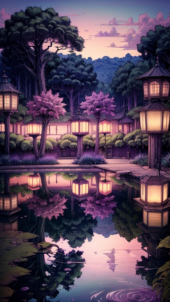 "An anime-style cozy garden at dusk, with lanterns hanging from tree branches, soft purple and pink hues in the sky, and a small pond reflecting the last light of day. The scene is tranquil and inviting."