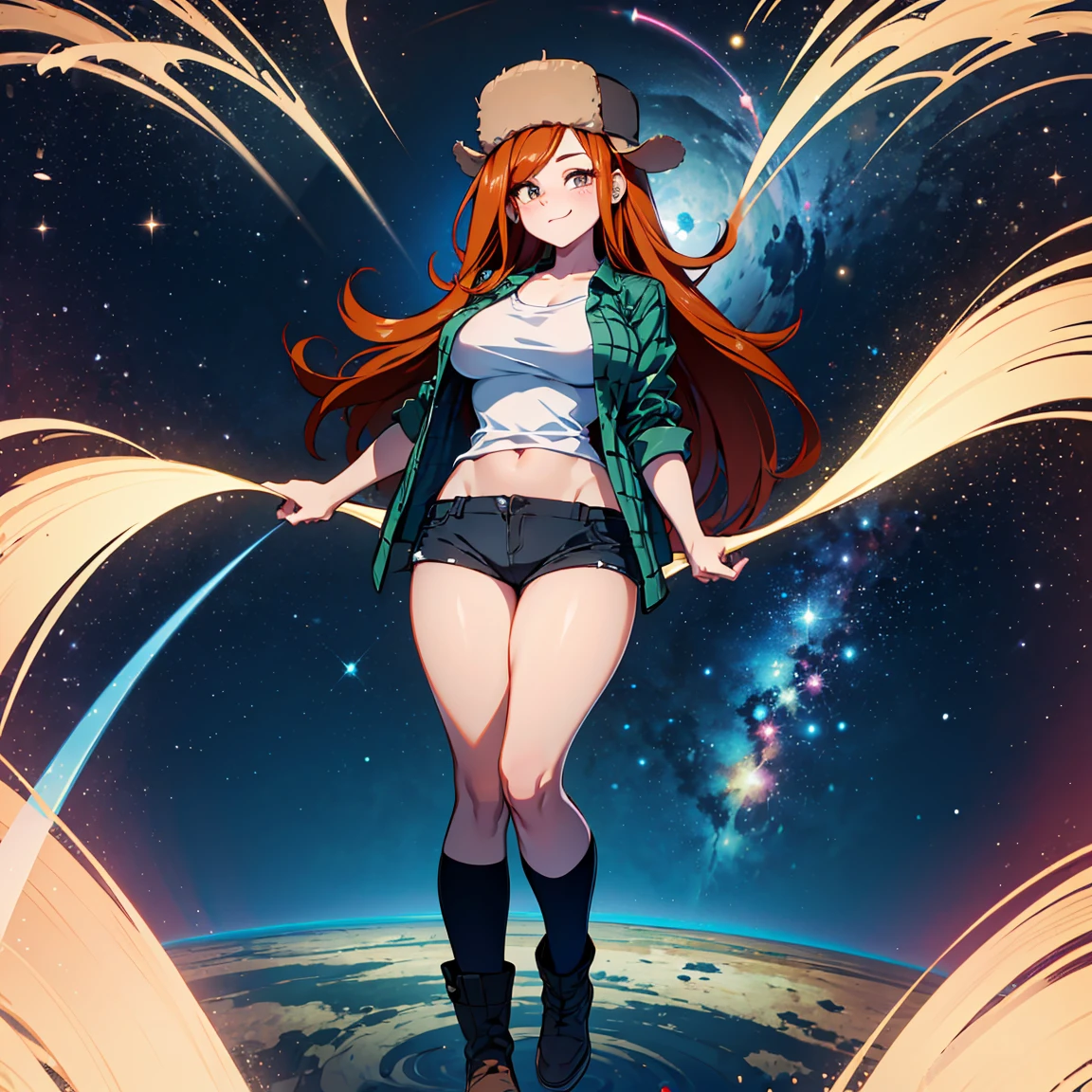 A Wendy Corduroy, wearing a large, thigh-length plaid shirt and short shorts,she is looking at the viewer, whole body visible,She is floating in space with several cosmos and galaxies behind her.