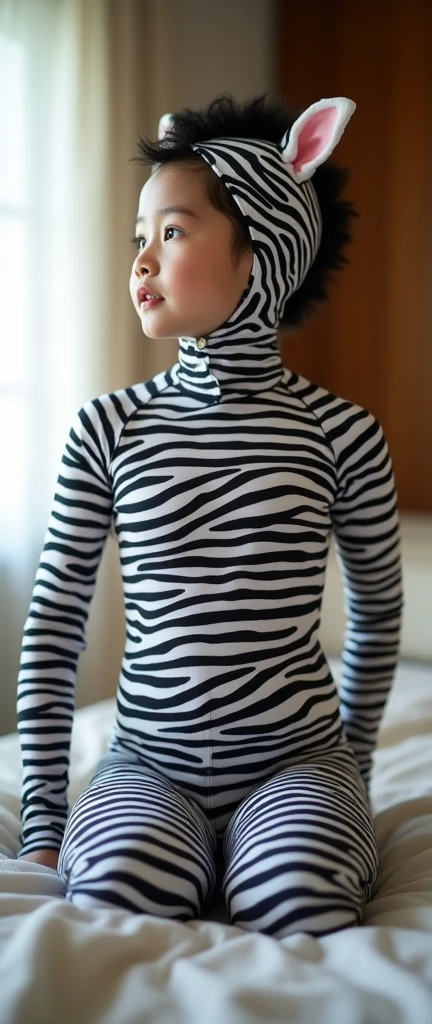 The beautiful taiwan asian adult girl with beautiful cheeks wears zebra print lycra turtleneck unitard catsuit covered with stripes and zebra print lycra elastane stretchy dancewear inner hijab-like zentai hood.She is happy to crawl.She always put fake cat whsikers and nose that are made of black makeup marker pen.