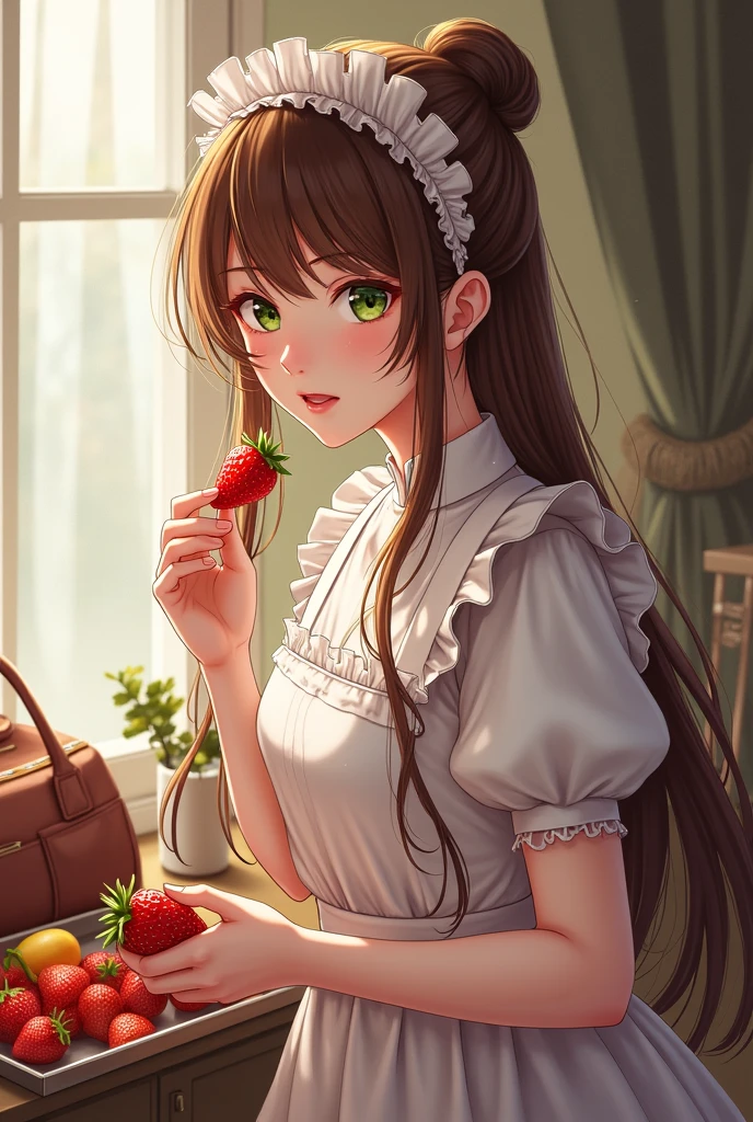 Girl with semi-long wavy brown hair, lying on her stomach looking at a photo of her boyfriend, in tender white pajamas and print strawberries, scenery of tender girl, emerald eyes,