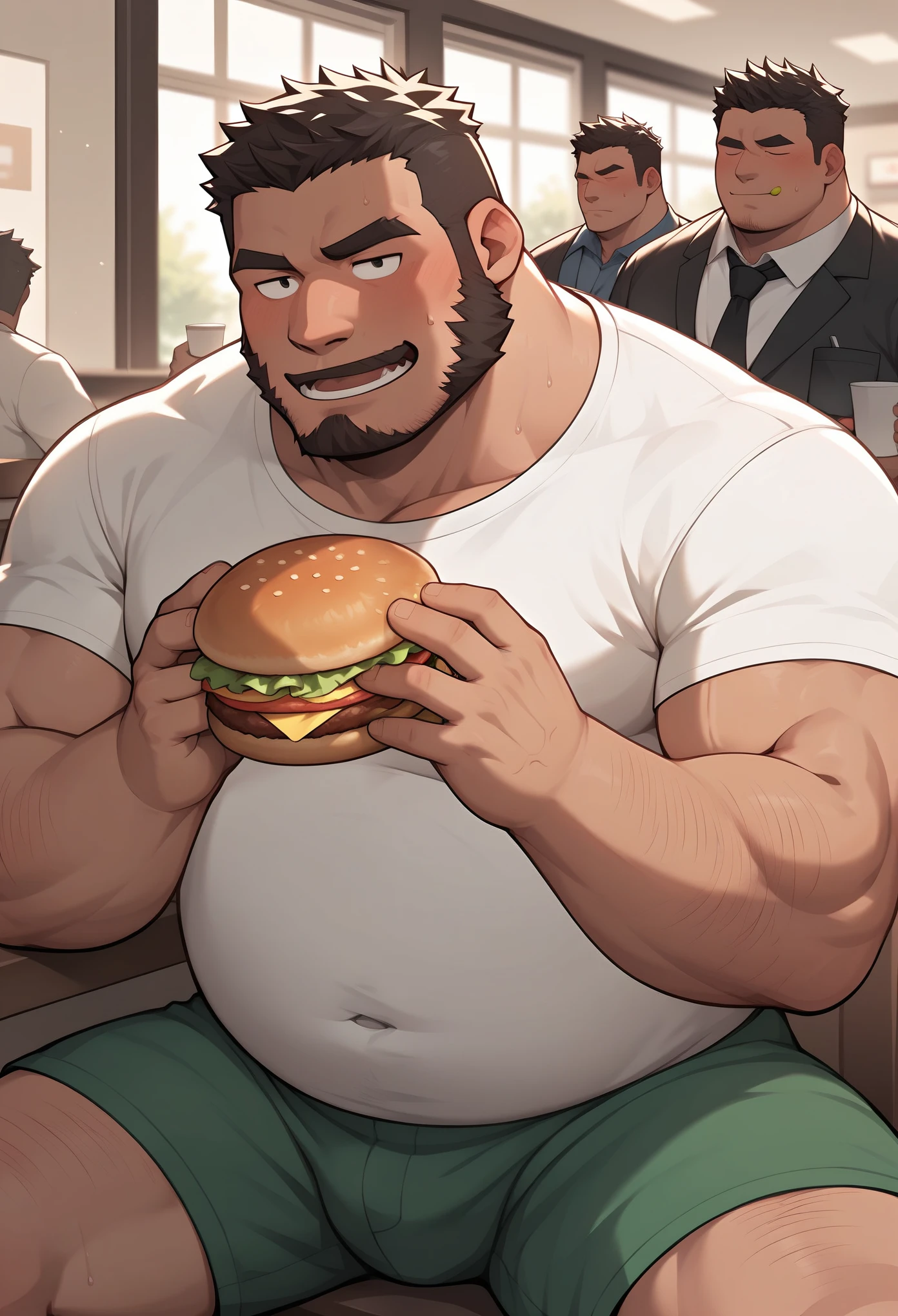 Draw a bear beastman. A bear beastman is sitting in a cafe eating a hamburger.
The bear beastman is a fat man in his 30s, with a hairy body, round face and a kind personality. He is wearing a white T-shirt and green shorts.