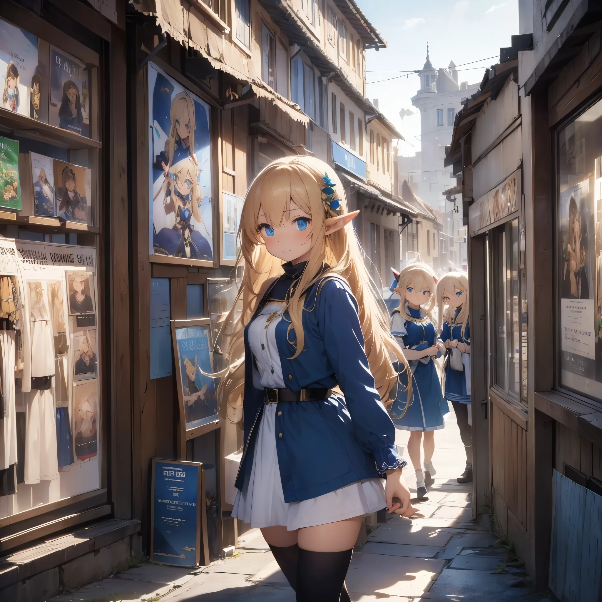 High quality, 8K Ultra HD, shopping street. A beautiful elf woman with long blonde hair and blue eyes is walking. ((elf boys are pointing at her with a surprised expression)). ((On the wall of the store is a poster of a beautiful elf woman with blue eyes)). 