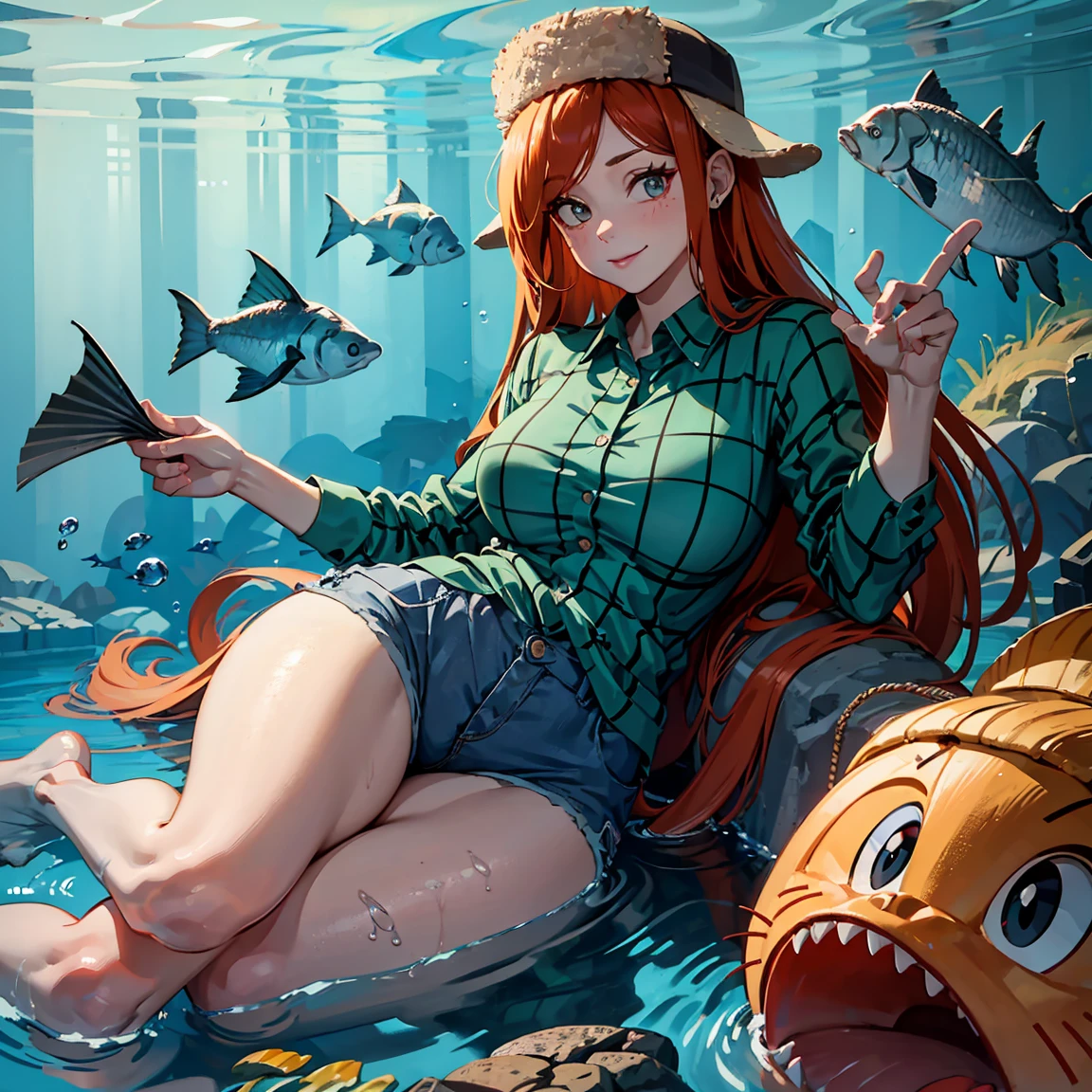 A Wendy Corduroy, wearing a large, thigh-length plaid shirt and short shorts,she is looking at the viewer, whole body visible,she is swimming in the ocean with several fish behind her.