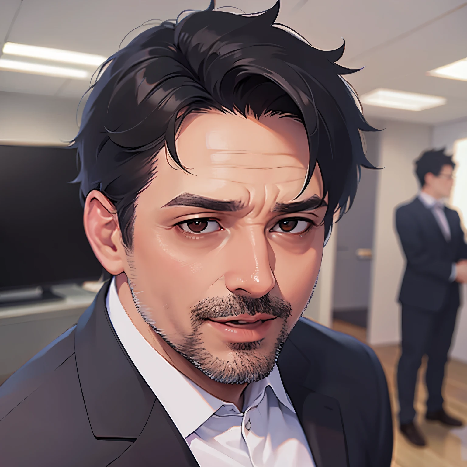 (A 50-year-old man with short black hair and brown eyes:1.5)and (jitome) 、upper body,
masterpiece、high quality、
Brown suit、
（angry：1.3）,open mouth,
The background is the conference room、(alone:1.5)