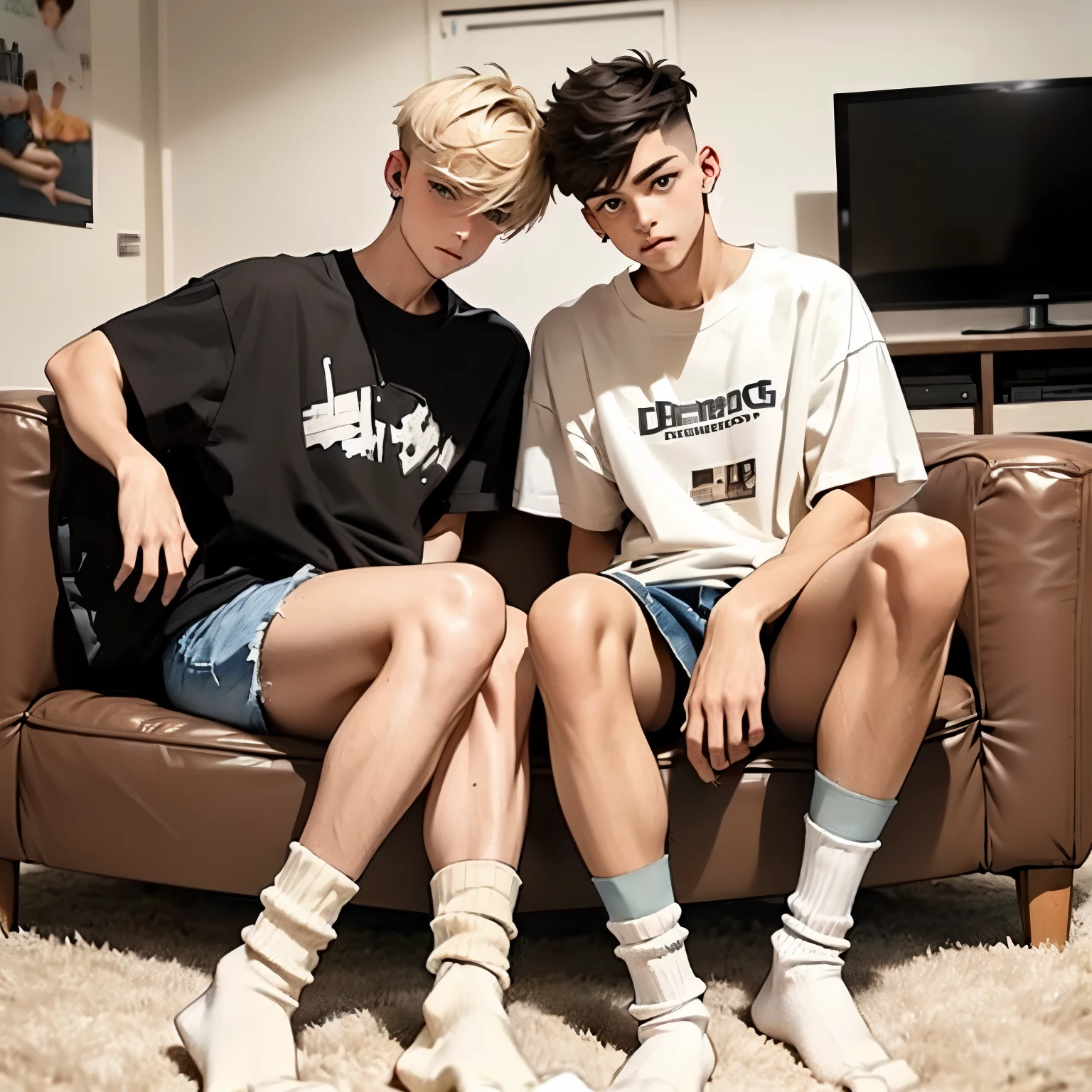 Two teenage white european gay boys with fashion undercut haircuts, wearing large t-shirts, large baggy jeans, white filthy socks, no shoes, sitting on a couch in their socks, watching TV, with their very detailed foot soles resting on the coffee table