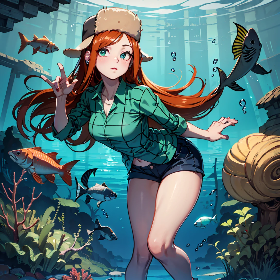 A Wendy Corduroy, wearing a large, thigh-length plaid shirt and short shorts,she is looking at the viewer, whole body visible,she is swimming in the ocean with several fish behind her.