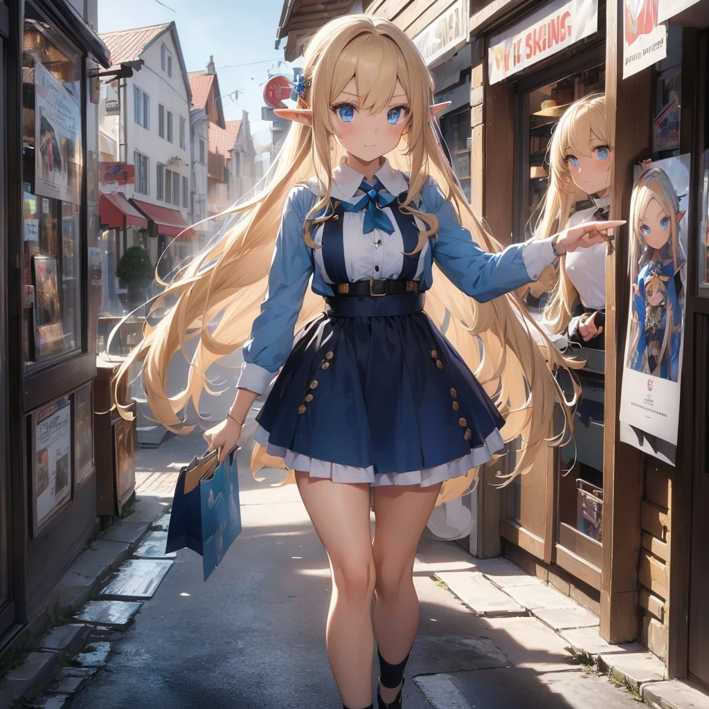 High quality, 8K Ultra HD, shopping street. A beautiful elf woman with long blonde hair and blue eyes is walking. ((elf boys are pointing at her with a surprised expression)). ((On the wall of the store is a poster of a beautiful elf woman with blue eyes)). 